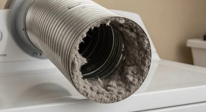 Close-up of a dryer vent duct packed with lint, a common dryer fire hazard