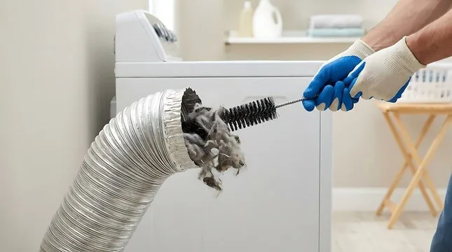 Brush pulling a clump of lint out of a clogged foil dryer vent duct